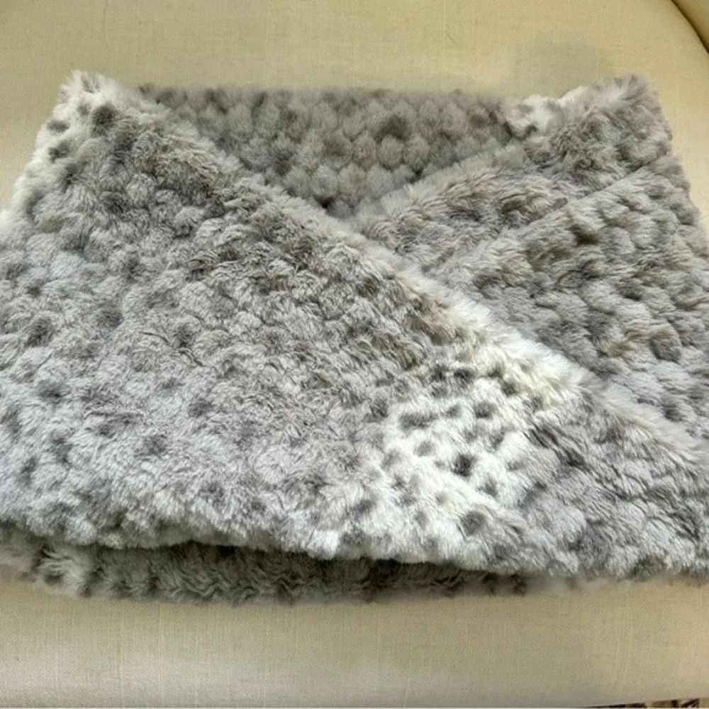 Faux fur infinity neck scarf for winter warmth. Gray and cream with animal spots